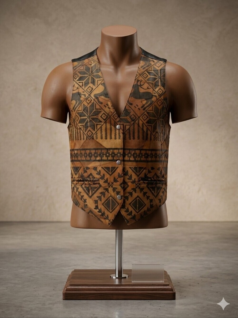 Vintage Trends C.A. Genuine Leather Brown Geometric Pattern Vest, Men's Medium